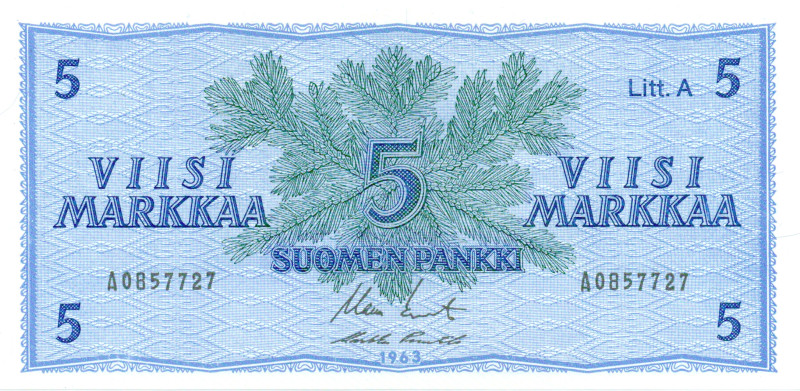 5 Markkaa 1963 Litt.A A0857727 kl.9